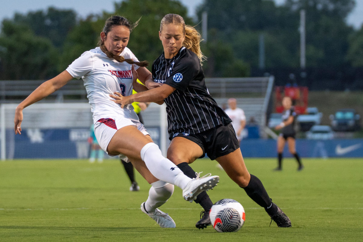 Kentucky Wildcats defender Grace Phillpotts (24) dribbles the ball during the Kentucky vs. Belmont womens soccer match on Sunday, Sept. 7, 2023 at the Wendell and Vickie Bell Soccer Complex in Lexington, Kentucky. Kentucky won 3-0. Photo by Travis Fannon | Staff