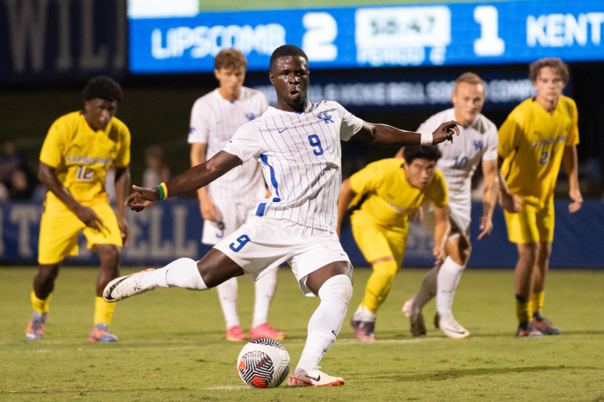 Kentucky Wildcats forward Aboubacar
Camara (9) kicks the ball during the Kentucky vs. Lipscomb mens soccer match on Friday, Sept. 9, 2023 at the Wendell and Vickie Bell Soccer Complex in Lexington, Kentucky. Kentucky won 3-2. Photo by Travis Fannon | Staff