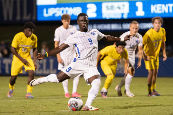 Kentucky Wildcats forward Aboubacar
Camara (9) kicks the ball during the Kentucky vs. Lipscomb mens soccer match on Friday, Sept. 9, 2023 at the Wendell and Vickie Bell Soccer Complex in Lexington, Kentucky. Kentucky won 3-2. Photo by Travis Fannon | Staff
