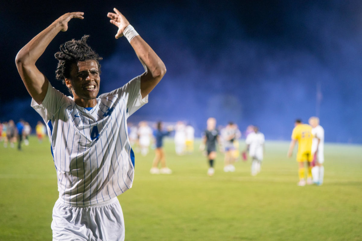 Kentucky Wildcats defender Marqes
Muir (4) hypes up the crowd during the Kentucky vs. Lipscomb mens soccer match on Friday, Sept. 9, 2023 at the Wendell and Vickie Bell Soccer Complex in Lexington, Kentucky. Kentucky won 3-2. Photo by Travis Fannon | Staff