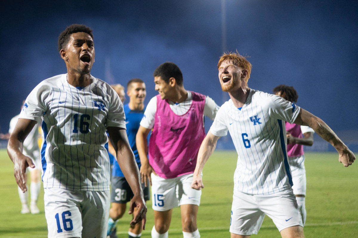 Kentucky players celebrate their win after the Kentucky vs. Lipscomb mens soccer match on Friday, Sept. 9, 2023 at the Wendell and Vickie Bell Soccer Complex in Lexington, Kentucky. Kentucky won 3-2. Photo by Travis Fannon | Staff