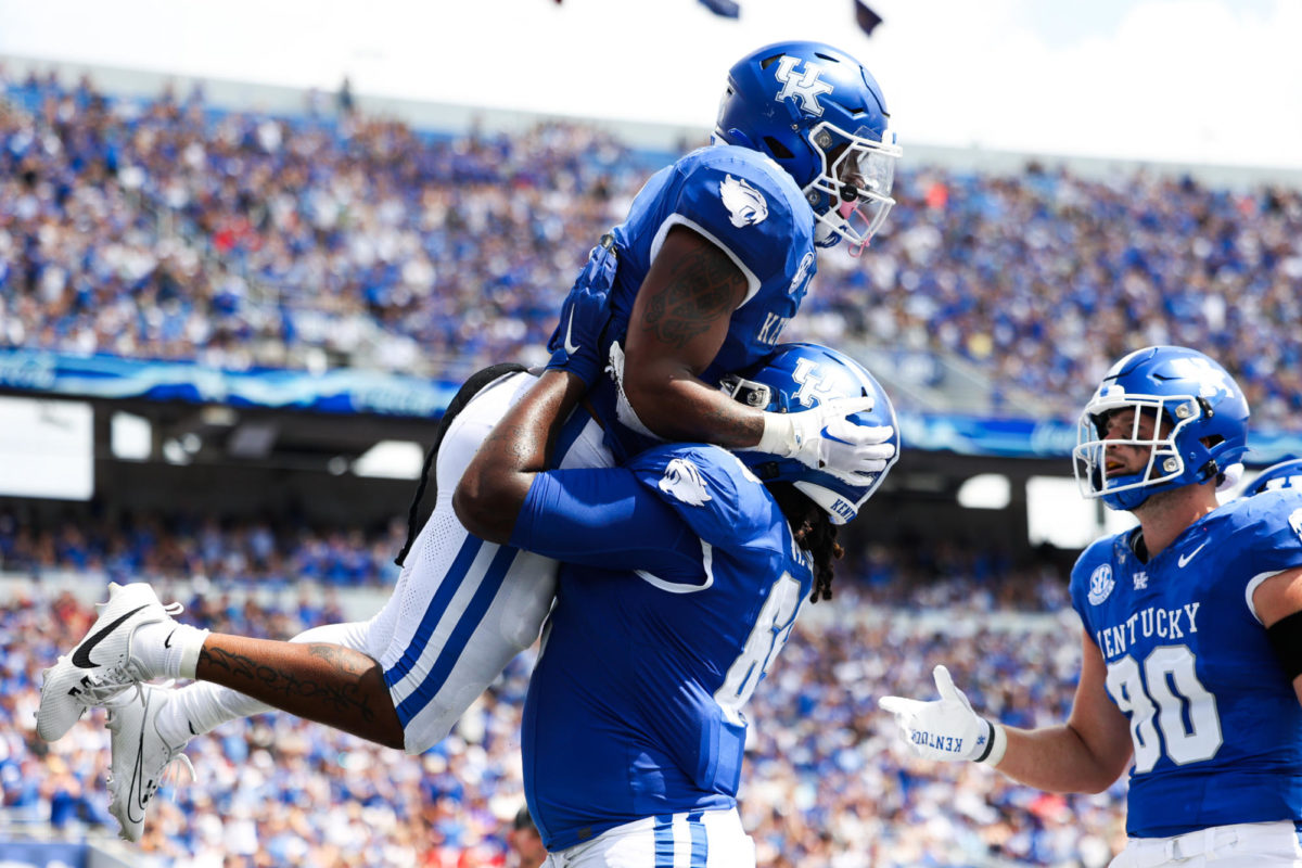 Kentucky running back Ray Davis celebrates after a touchdown during the Kentucky vs. Ball State football game on Saturday, Sept. 2, 2023, at Kroger Field in Lexington, Kentucky. Photo by Abbey Cutrer | Staff