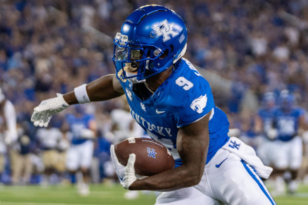 Kentucky wide receiver Tayvion Robinson runs the ball during the Kentucky vs. Akron football game on Saturday, Sept. 16, 2023, at Kroger Field in Lexington, Kentucky. Kentucky won 35-3. Photo by Travis Fannon | Staff