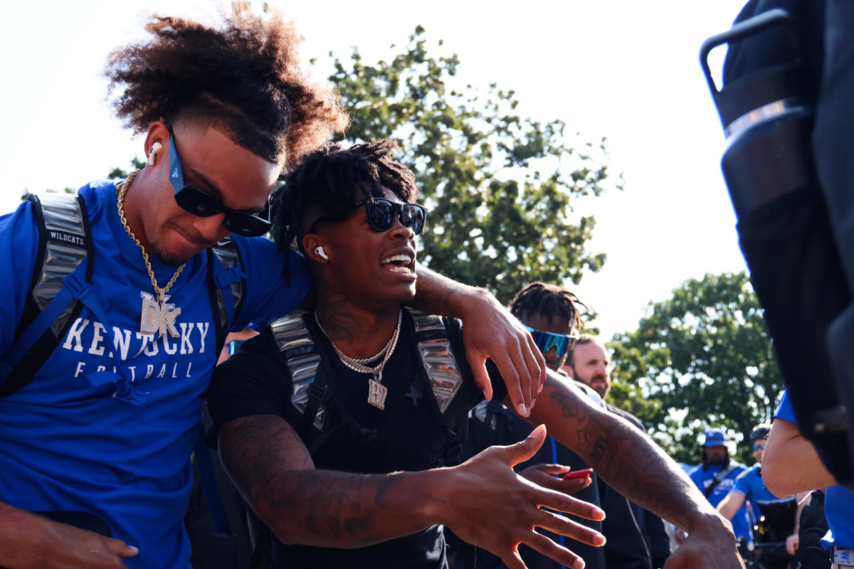 Kentucky wide receivers Dane Key and Barion Brown dance to music at the Cat Walk before the Kentucky vs. Ball State football game on Saturday, Sept. 2, 2023, at Kroger Field in Lexington, Kentucky. Photo by Abbey Cutrer | Staff