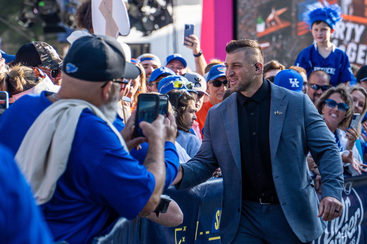 Tim Tebow visits fans prior to the Kentucky vs Florida football game on Saturday, Sept. 30, 2023, at Kroger Field in Lexington, Kentucky. Photo by Isaiah Pinto Staff