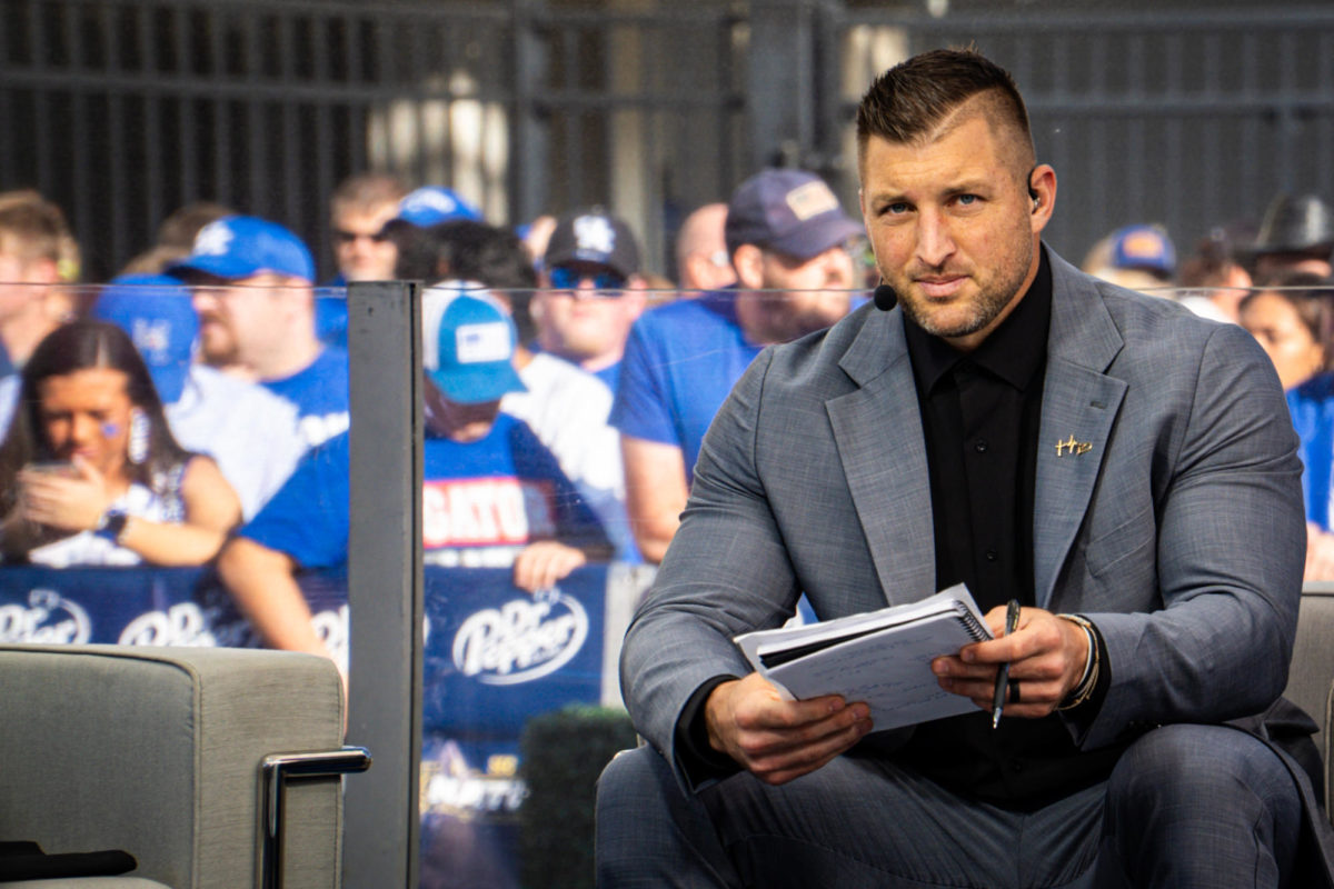Tim Tebow waits at SEC Nation set prior to the Kentucky vs Florida football game on Saturday, Sept. 30, 2023, at Kroger Field in Lexington, Kentucky. Photo by Isaiah Pinto Staff