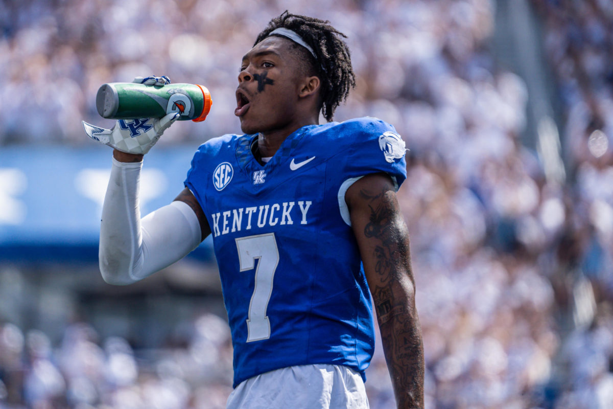 Kentucky Wildcats wideout Barion Brown (7) inhales after catch during the Kentucky vs. Florida football game on Saturday, Sept. 30, 2023, at Kroger Field in Lexington, Kentucky. UK won 33-14. Photo by Isaiah Pinto | Staff