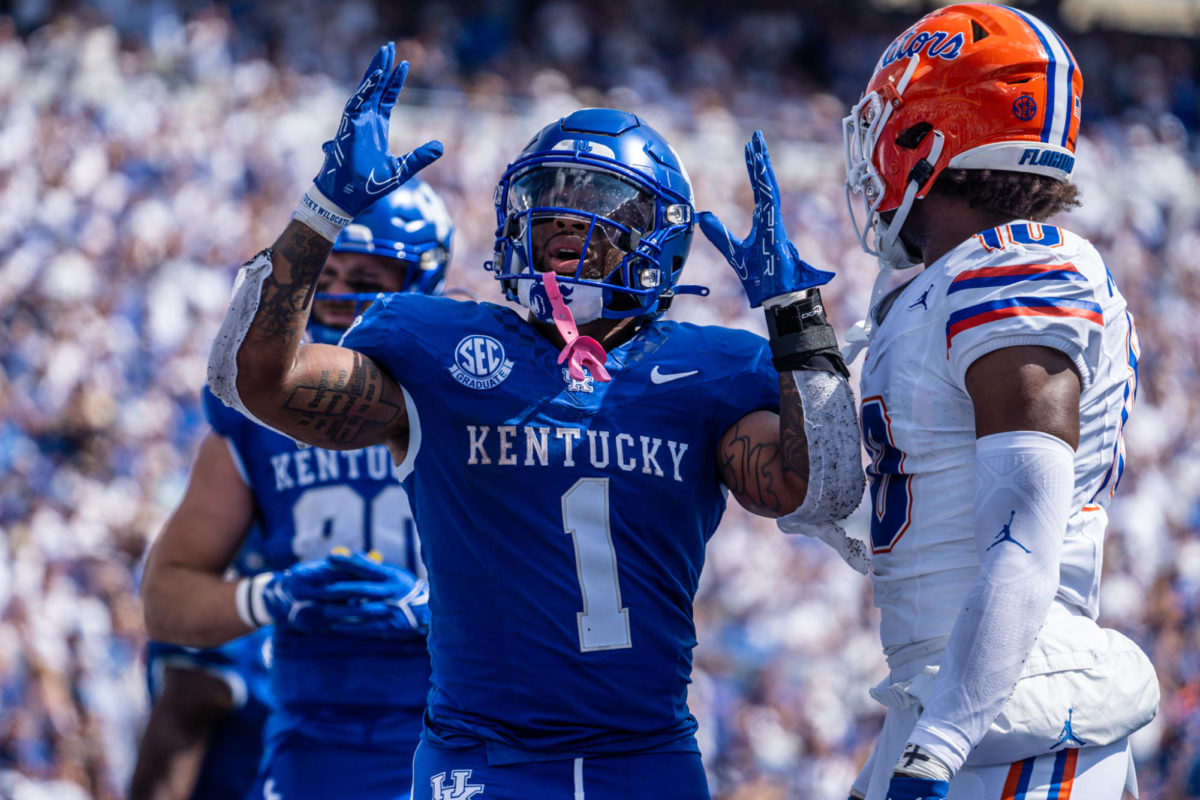 Kentucky Wildcats running back Ray Davis (1) celebrates a touchdown during the Kentucky vs. Florida football game on Saturday, Sept. 30, 2023, at Kroger Field in Lexington, Kentucky. UK won 33-14. Photo by Isaiah Pinto | Staff