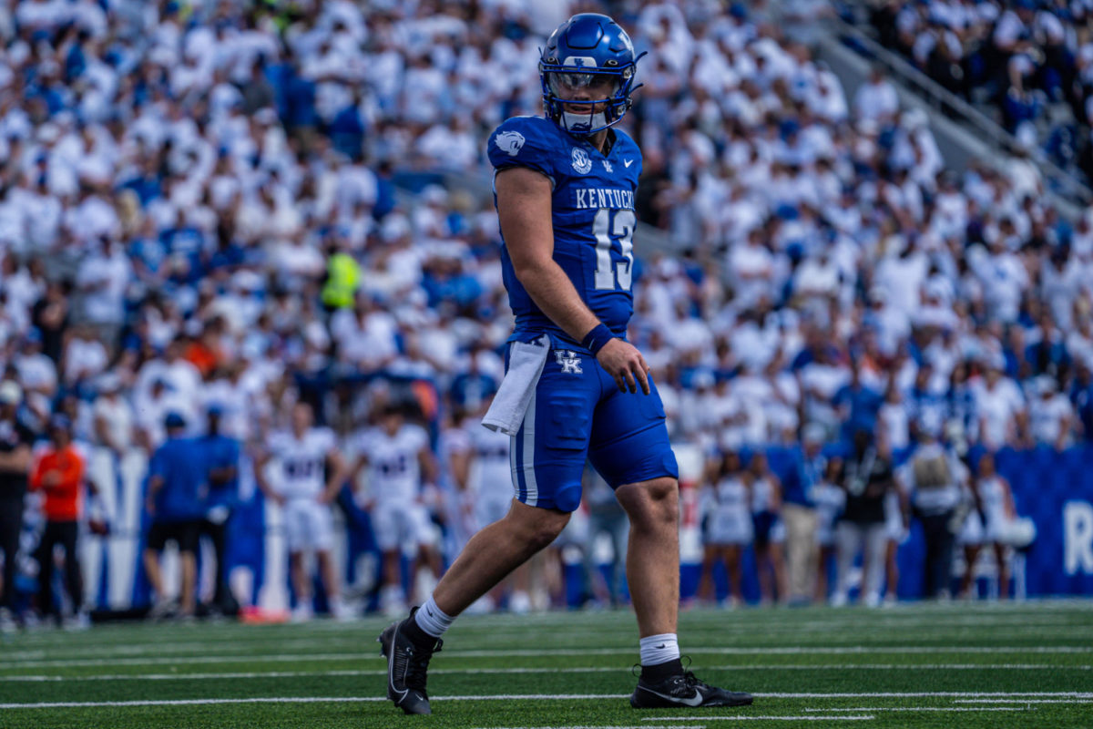 Kentucky Wildcats quarterback Devin Leary (13) walks off the field during the Kentucky vs. Florida football game on Saturday, Sept. 30, 2023, at Kroger Field in Lexington, Kentucky. UK won 33-14. Photo by Isaiah Pinto | Staff