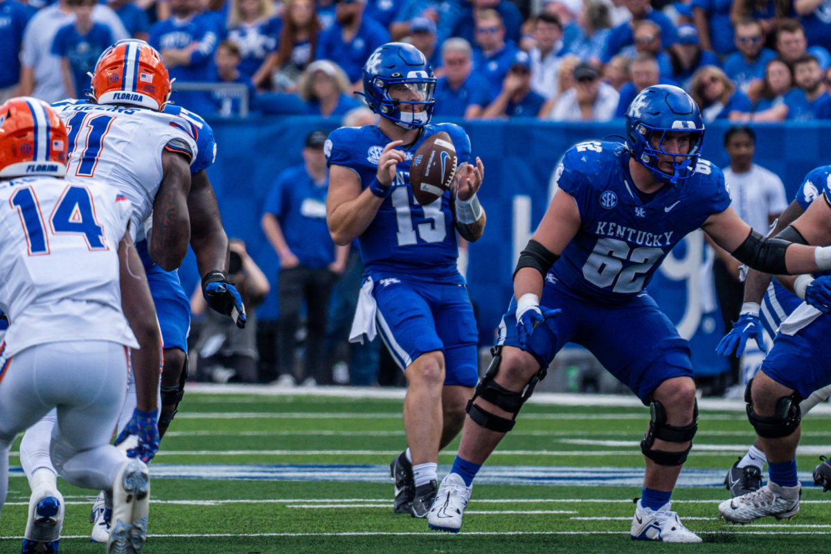 Kentucky Wildcats quarterback Devin Leary (13) handles the football during the Kentucky vs. Florida football game on Saturday, Sept. 30, 2023, at Kroger Field in Lexington, Kentucky. UK won 33-14. Photo by Isaiah Pinto | Staff