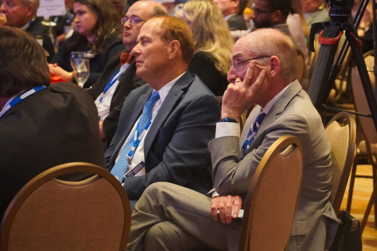 University of Kentucky President Eli Capilouto listens to speakers during the Kentucky Chamber’s gubernatorial forum on Wednesday, Sept. 20, 2023, at the Omni Hotel in Louisville, Kentucky. Photo by Alexis Baker | Staff