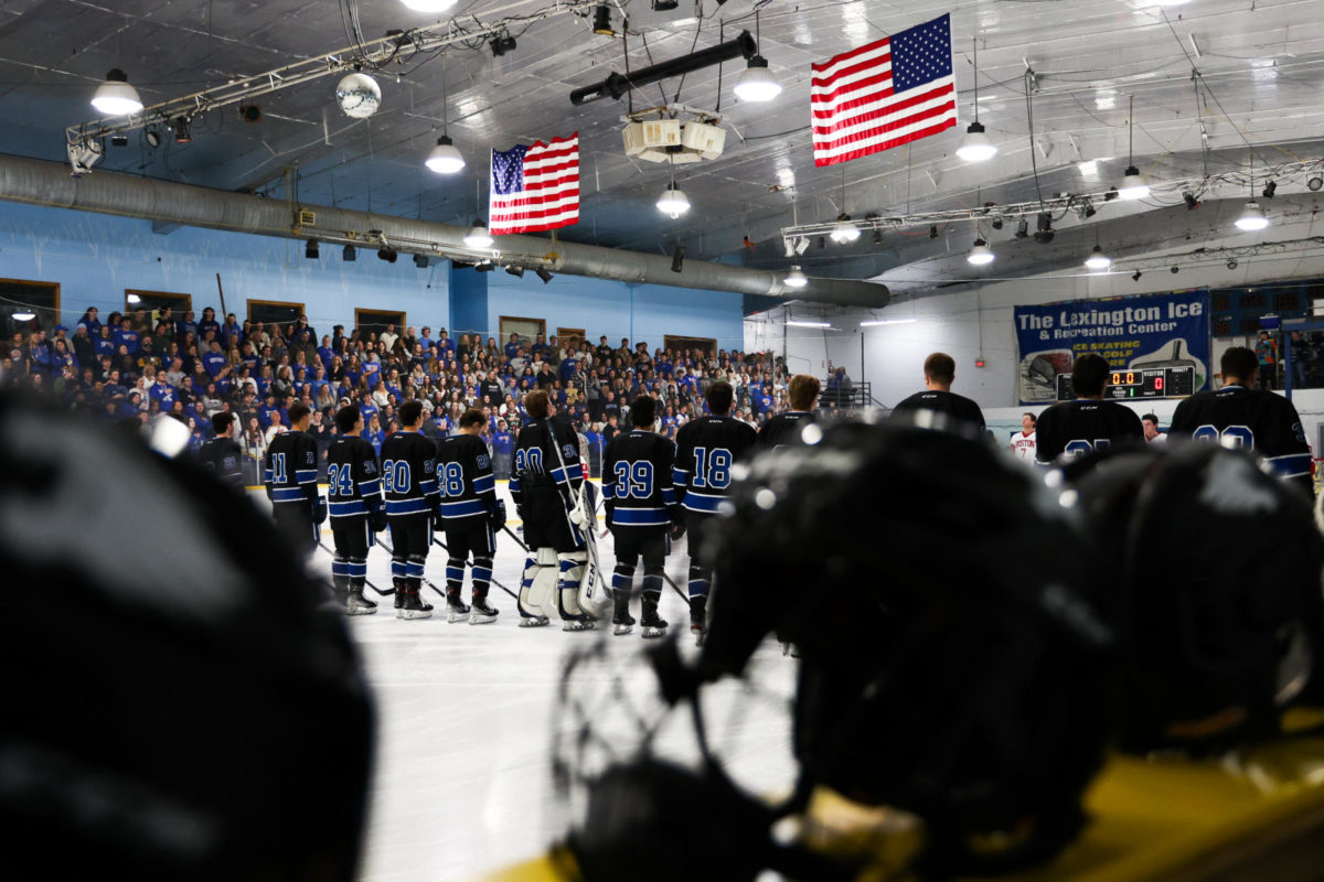 The Wildcats line up for the National Anthem before the Kentucky vs. Boston University hockey game on Friday, Sept. 15, 2023, at the Lexington Ice and Recreation Center in Lexington, Kentucky. Kentucky won 9-1. Photo by Abbey Cutrer | Staff
