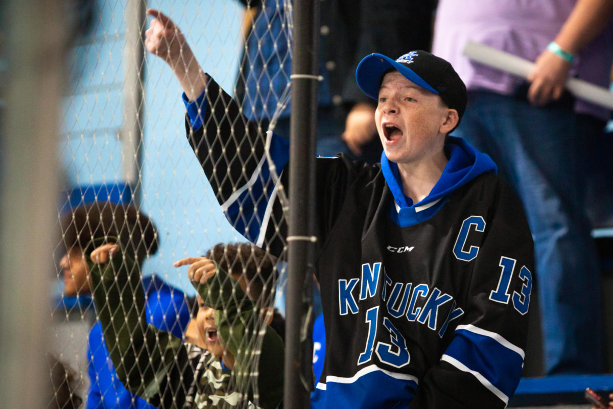 Kentucky fan Gavin Marshall, 16, shouts during the Kentucky vs. Boston University hockey game on Saturday, Sept. 16, 2023, at the Lexington Ice and Recreation center in Lexington, Kentucky. Kentucky lost 3-4. Photo by Samuel Colmar | Staff