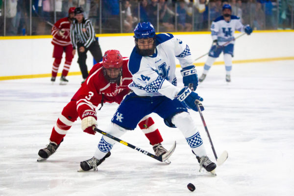 Kentucky winger Kyle Head (34) defends the buck during the Kentucky vs. Boston University hockey game on Saturday, Sept. 16, 2023, at the Lexington Ice and Recreation center in Lexington, Kentucky. Kentucky lost 3-4. Photo by Samuel Colmar | Staff