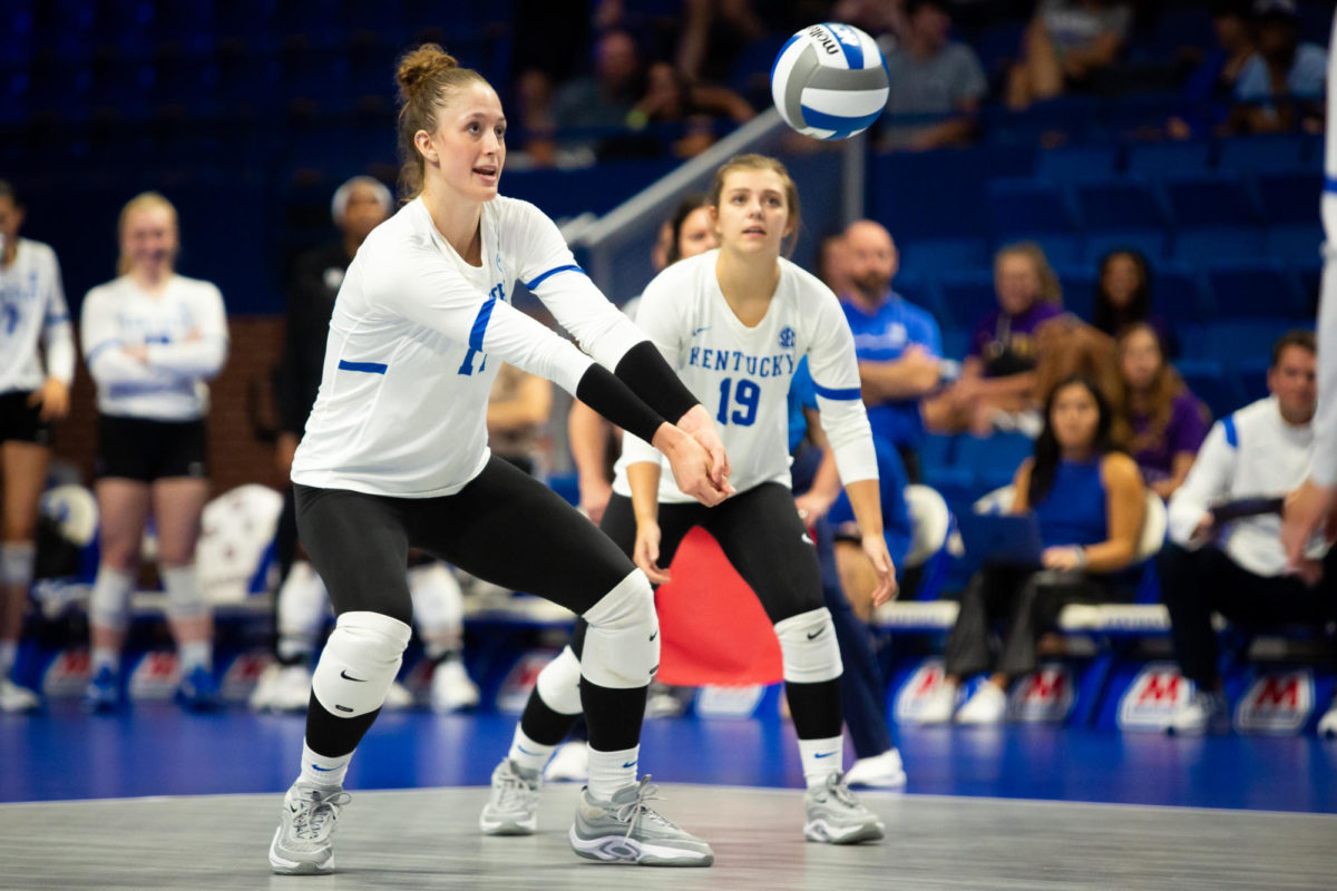 Kentucky outside hitter Brooklyn DeLeye (17) hits the ball during the Kentucky vs. LSU volleyball match on Friday, Sept. 22, 2023, at Rupp Arena in Lexington, Kentucky. Kentucky won 3-1. Photo by Samuel Colmar | Staff