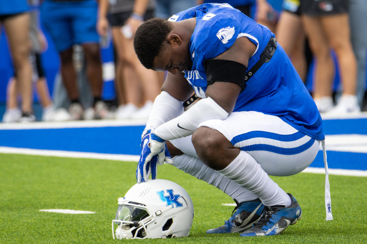 Kentucky defensive lineman Deone Walker prepares before the Kentucky vs. Eastern Kentucky football game on Saturday, Sept. 9, 2023, at Kroger Field in Lexington, Kentucky. Kentucky won 28-17. Photo by Samuel Colmar | Staff