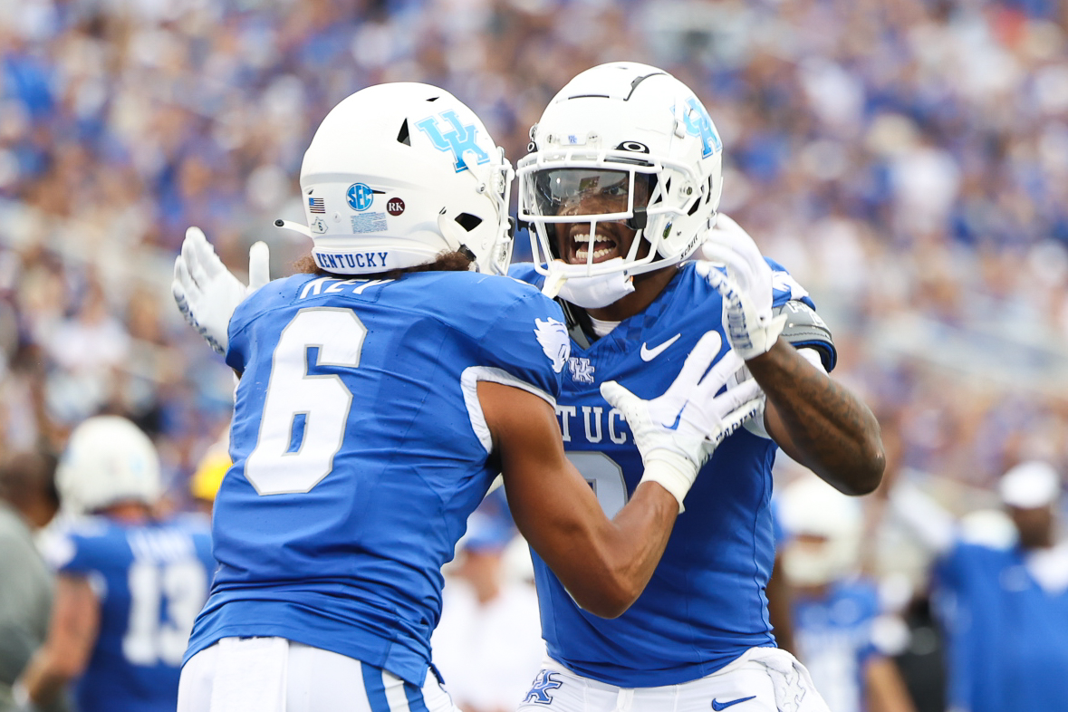 Kentucky wide receiver Tayvion Robinson celebrates with wide receiver Dane Key during the Kentucky vs. Eastern Kentucky football game on Saturday, Sept. 9, 2023, at Kroger Field in Lexington, Kentucky. Kentucky won 28-17. Photo by Abbey Cutrer | Staff