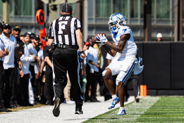 Kentucky Wildcats wideout Barion Brown (7) collects a pass on the sideline during the Kentucky vs. Vanderbilt football game on Saturday, Sept. 23, 2023 at FirstBank Stadium in Nashville, Tennessee. UK won 45-28. Photo by Isaiah Pinto | Staff
