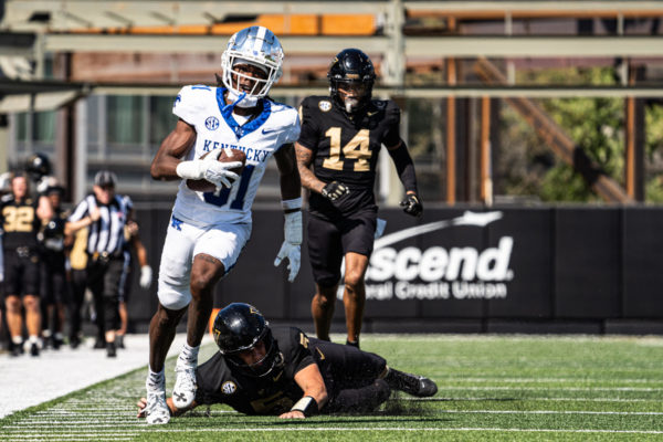 Kentucky Wildcats cornerback Maxwell Hairston (31) out runs the Vanderbilt Commodores offense for pick six during the Kentucky vs. Vanderbilt football game on Saturday, Sept. 23, 2023 at FirstBank Stadium in Nashville, Tennessee. UK won 45-28. Photo by Isaiah Pinto | Staff