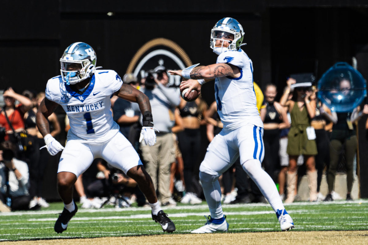 Kentucky Wildcats quarterback Devin Leary (13) prepares to throw during the Kentucky vs. Vanderbilt football game on Saturday, Sept. 23, 2023 at FirstBank Stadium in Nashville, Tennessee. UK won 45-28. Photo by Isaiah Pinto | Staff