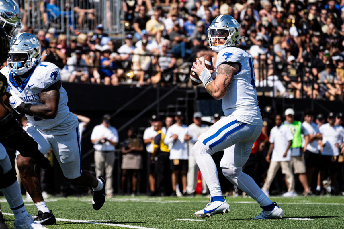 Kentucky Wildcats quarterback Devin Leary (13) looks to throw during the Kentucky vs. Vanderbilt football game on Saturday, Sept. 23, 2023 at FirstBank Stadium in Nashville, Tennessee. UK won 45-28. Photo by Isaiah Pinto | Staff