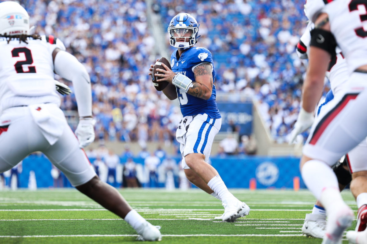 Kentucky quarterback Devin Leary looks to pass the ball during the Kentucky vs. Ball State football game on Saturday, Sept. 2, 2023, at Kroger Field in Lexington, Kentucky. Kentucky won 44-14. Photo by Abbey Cutrer | Staff