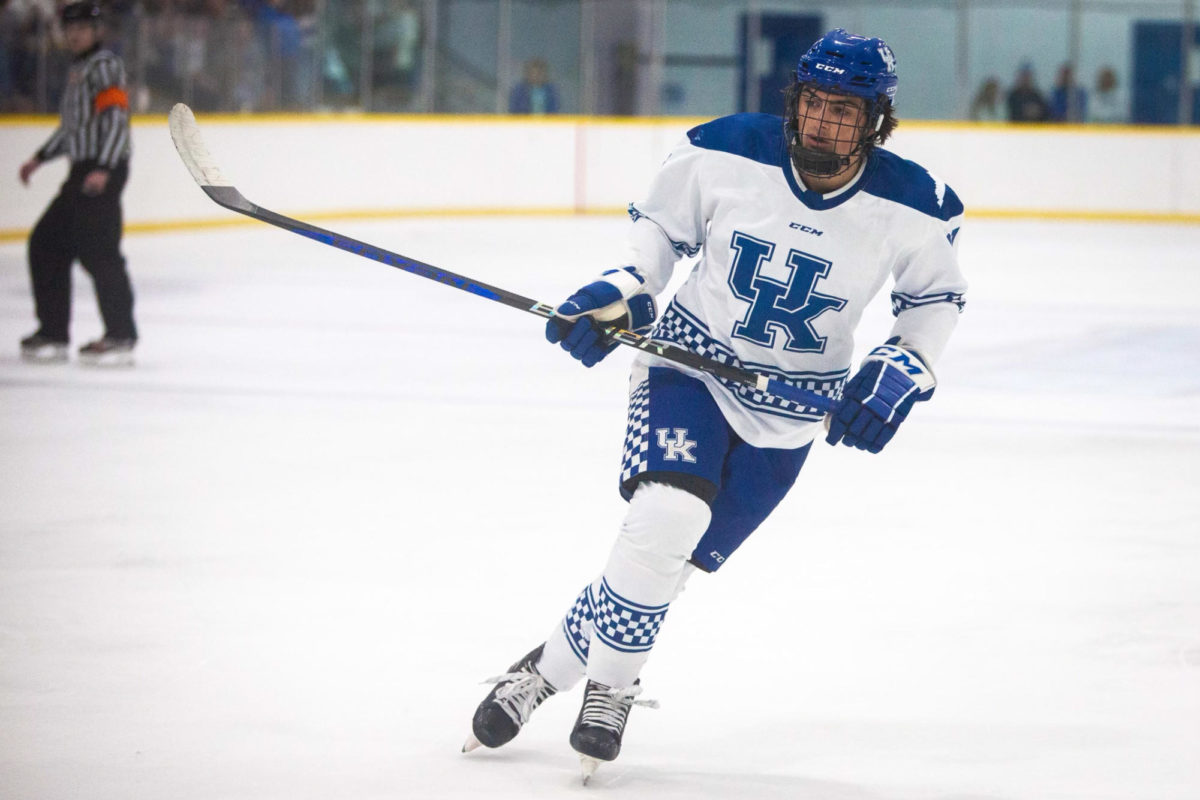A Kentucky player skates during the Kentucky vs. Boston University hockey game on Saturday, Sept. 16, 2023, at the Lexington Ice and Recreation center in Lexington, Kentucky. Kentucky lost 3-4. Photo by Cole Parke | Staff