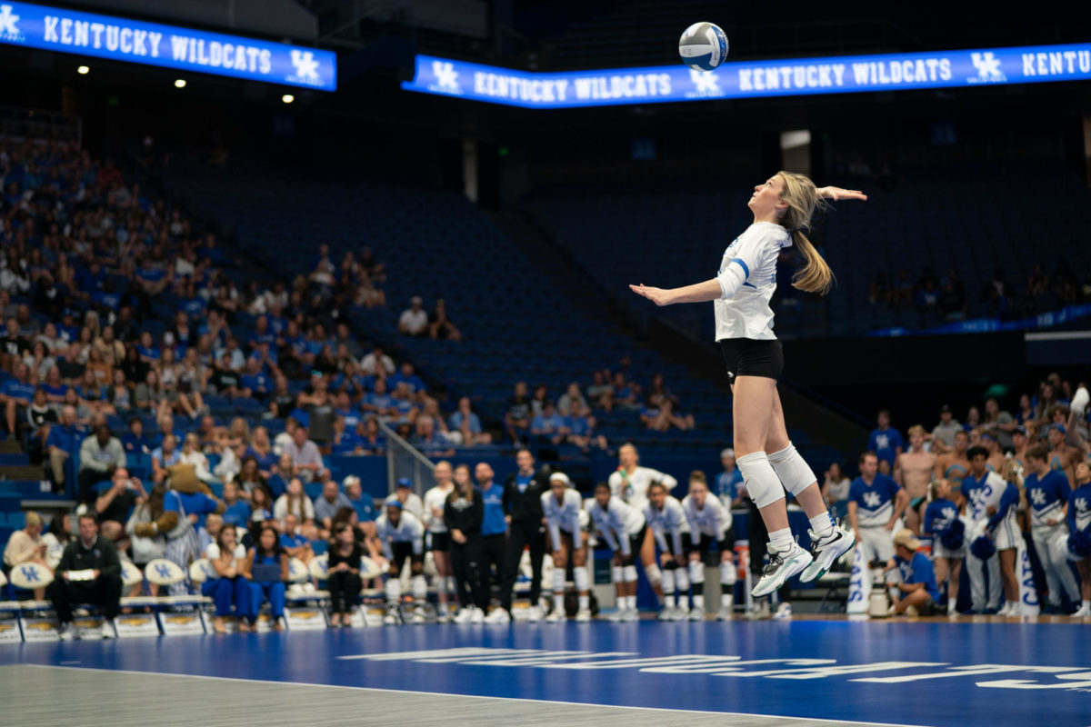 Kentucky+Wildcats+libero+Molly+Tuozzo+%2812%29+serves+the+ball+during+the+Kentucky+vs.+Pitt+volleyball+match+on+Friday%2C+Sept.+1%2C+2023%2C+at+Rupp+Arena+in+Lexington%2C+Kentucky.+Kentucky+lost+3-0.+Photo+by+Travis+Fannon+%7C+Staff