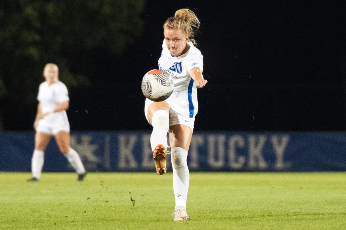 Kentucky womens soccer player Ulfa Ulfarsdottir (20) kicks the ball during the Kentucky vs. Alabama womens soccer match on Friday, Sept. 29, 2023 at The Bell Soccer Complex in Lexington, Kentucky. UK won 2-1. Photo by Travis Fannon | Staff