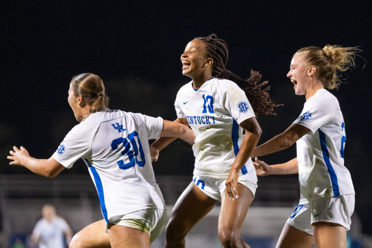 Kentucky womens soccer players celebrate during the Kentucky vs. Alabama womens soccer match on Friday, Sept. 29, 2023 at The Bell Soccer Complex in Lexington, Kentucky. UK won 2-1. Photo by Travis Fannon | Staff