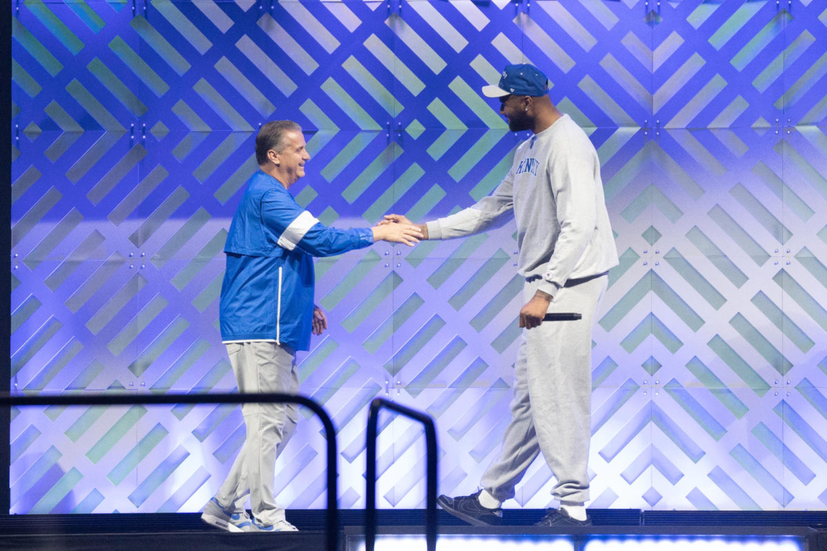 Kentucky+head+coach+John+Calipari+greets+Demarcus+Cousins+on+stage+during+Big+Blue+Madness+on+Friday%2C+Oct.+13%2C+2023%2C+at+Rupp+Arena+in+Lexington%2C+Kentucky.+Photo+by+Travis+Fannon+%7C+Staff