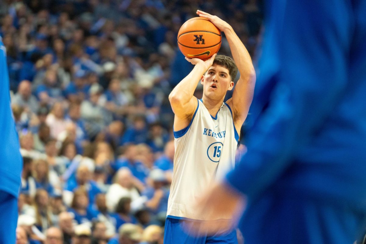 Kentucky Wildcats guard Reed Sheppard (15) shoots the ball during Big Blue Madness on Friday, Oct. 13, 2023, inside Rupp Arena in Lexington, Kentucky. Photo by Travis Fannon | Staff