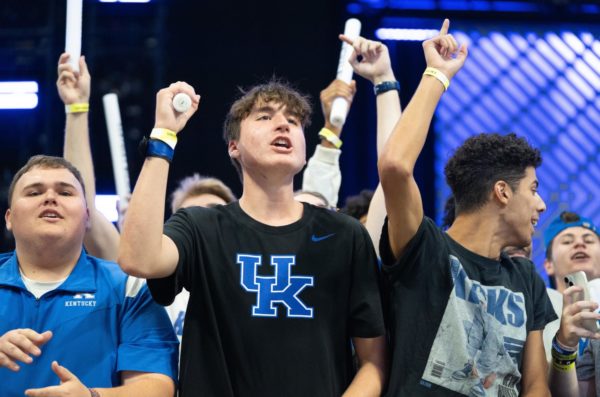 Fans cheer in the student section during Big Blue Madness on Friday, Oct. 13, 2023, at Rupp Arena in Lexington, Kentucky. Photo by Travis Fannon | Staff