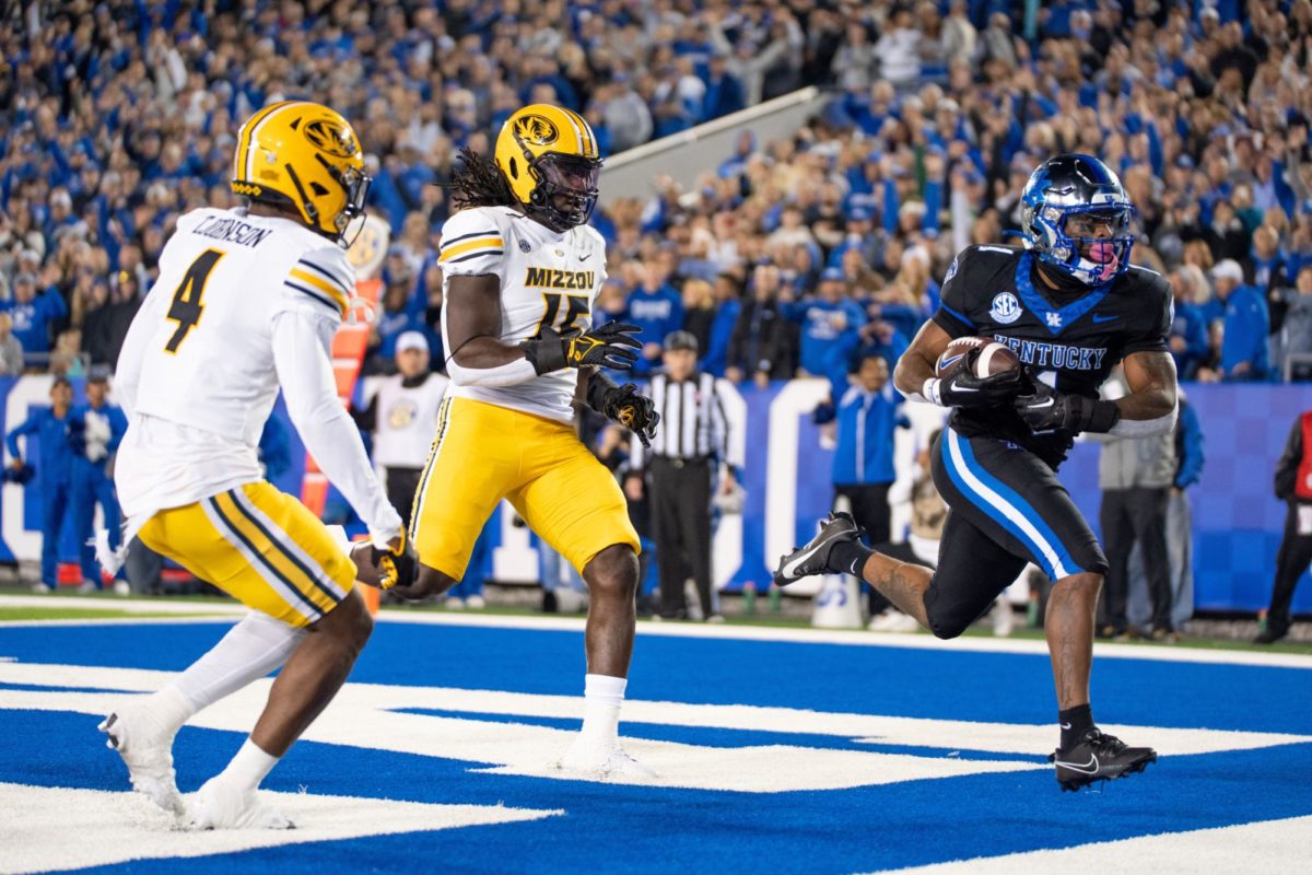 Kentucky running back Ray Davis scores a touchdown that was called back during the Kentucky vs. Missouri football game on Saturday, Oct. 14, 2023, at Kroger Field in Lexington, Kentucky. Kentucky lost 38-21. Photo by Travis Fannon | Staff