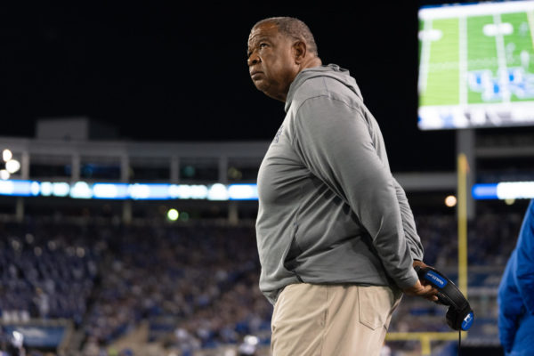 Kentucky coach Vince Marrow stands on the sideline during the Kentucky vs. Missouri football game on Saturday, Oct. 14, 2023, at Kroger Field in Lexington, Kentucky. Kentucky lost 38-21. Photo by Travis Fannon | Staff