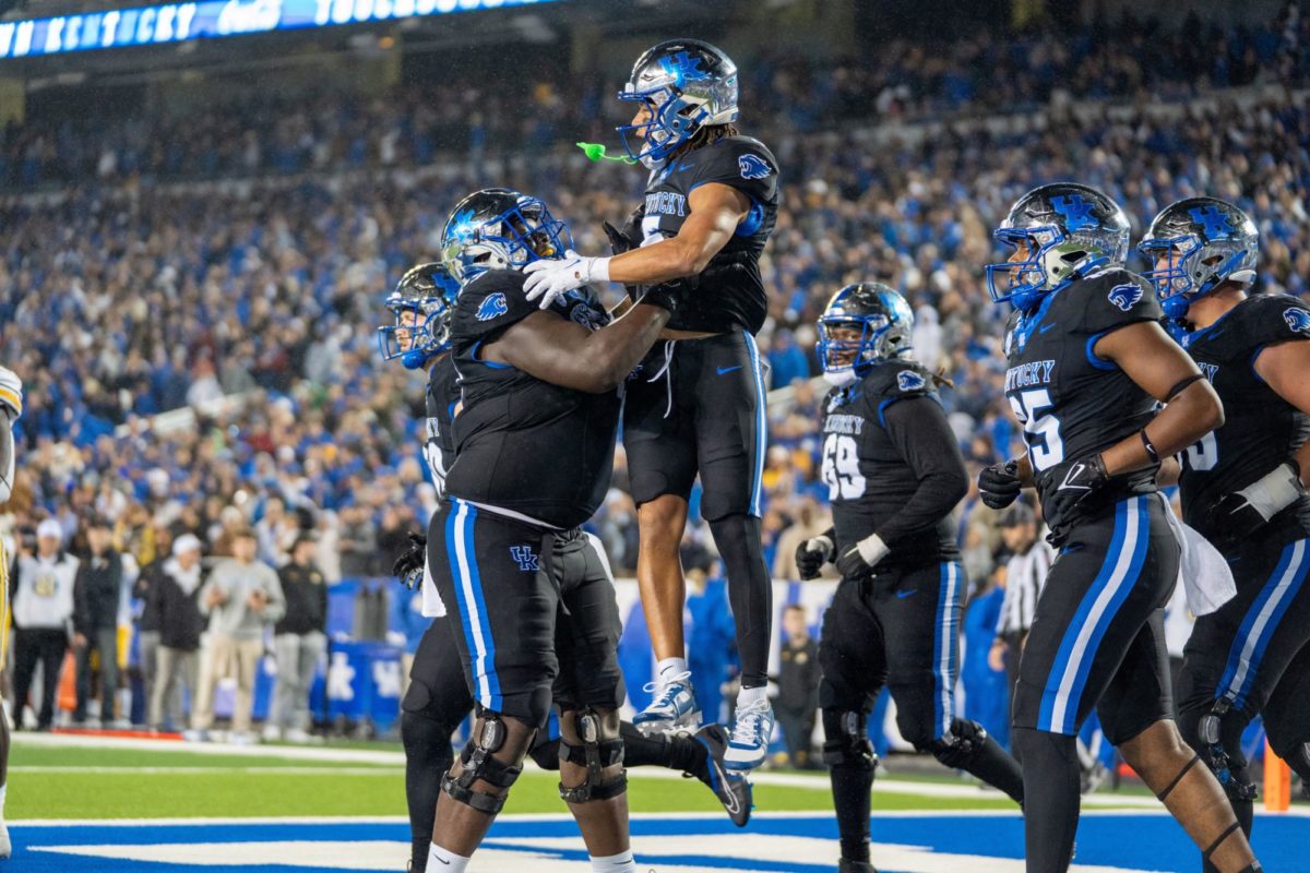 Kentucky wide receiver Anthony Brown-Stephens is lifted in the air in celebration during the Kentucky vs. Missouri football game on Saturday, Oct. 14, 2023, at Kroger Field in Lexington, Kentucky. Kentucky lost 38-21. Photo by Travis Fannon | Staff