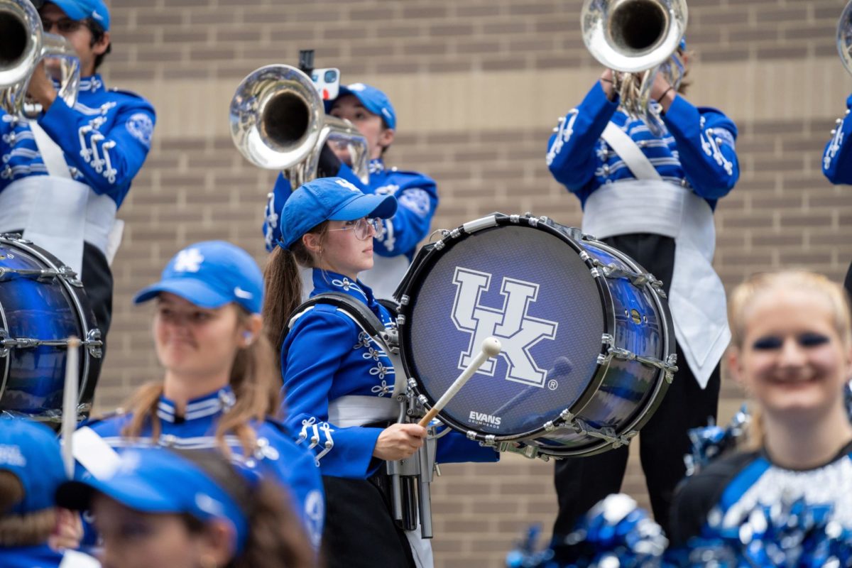 Kentucky drummer Nova Schack plays 
the drums during the Cat Walk before the Kentucky vs. Missouri football game on Saturday, Oct. 14, 2023, at Kroger Field in Lexington, Kentucky. Photo by Travis Fannon | Staff