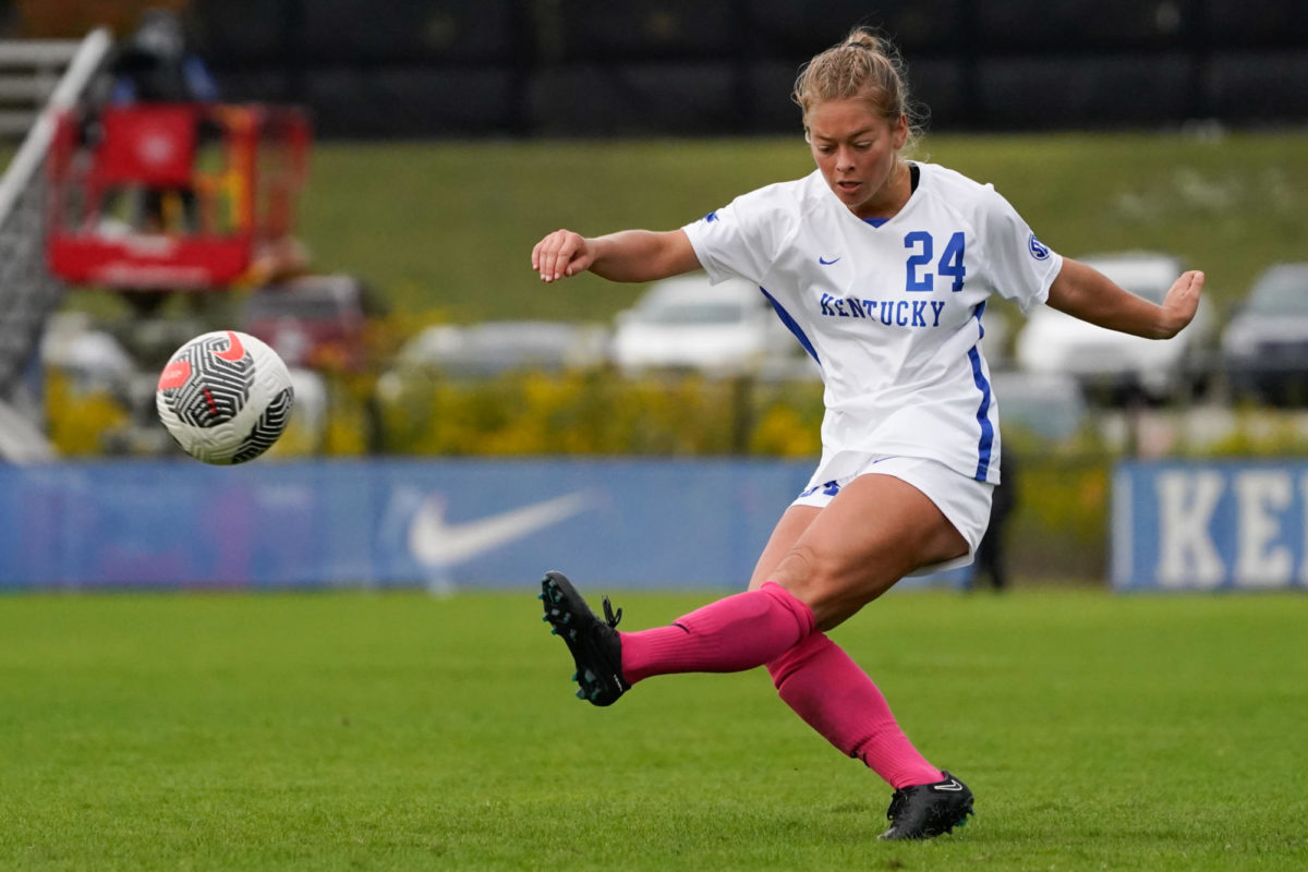 Kentucky defender Grace Phillpotts takes a corner kick during the Kentucky vs. Mississippi State womens soccer match on Sunday, Oct. 15, 2023, at the Wendell and Vickie Bell Soccer Complex in Lexington, Kentucky. Kentucky lost 2-0. Photo by Travis Fannon | Staff