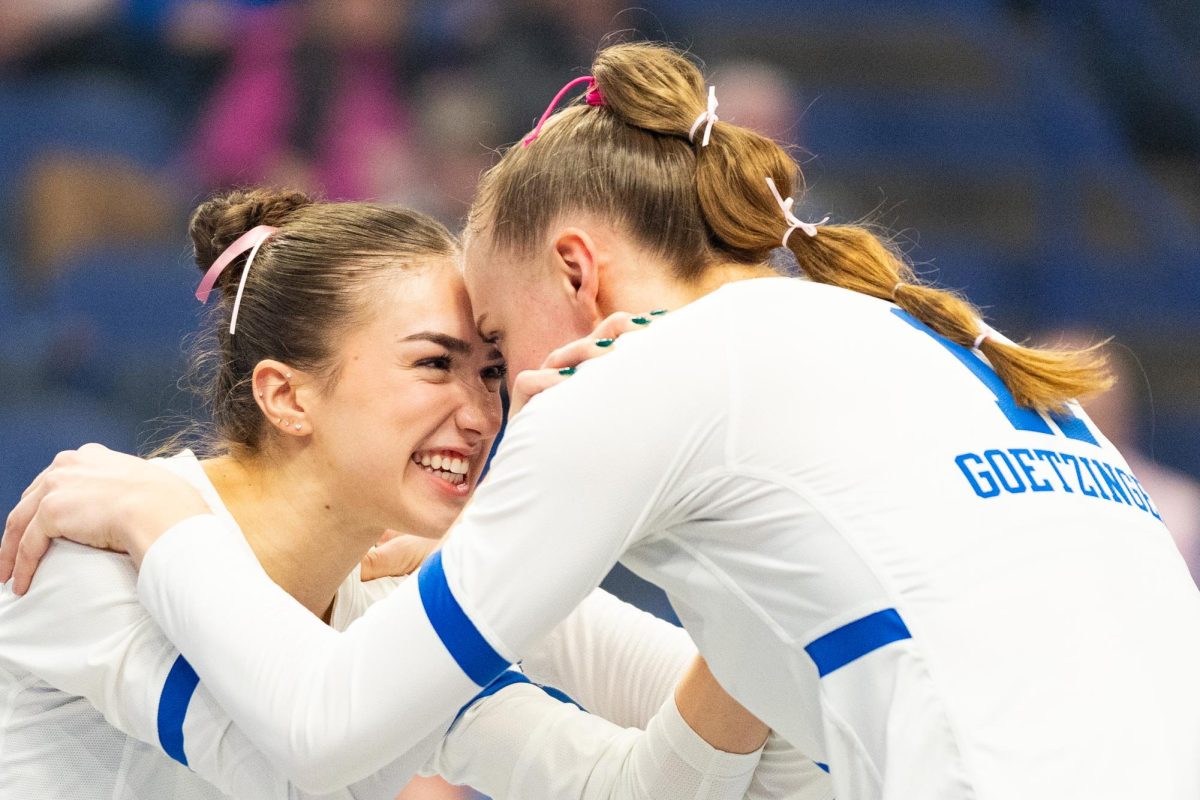 Kentucky+setter+Emma+Grome+and+Elise%0AGoetzinger+embrace+each+other+during+the+Kentucky+vs.+Mississippi+State+volleyball+match+on+Friday%2C+Oct.+20%2C+2023%2C+at+Rupp+Arena+in+Lexington%2C+Kentucky.+Kentucky+won+3-0.+Photo+by+Travis+Fannon+%7C+Staff
