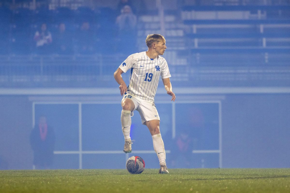 Kentucky Midfielder Brennan Creek dribbles the ball during the Kentucky vs. Georgia State mens soccer match on Wednesday, Oct. 18, 2023, at the Wendell and Vickie Bell Soccer Complex in Lexington, Kentucky. Kentucky tied 2-2. Photo by Kyleigh Miller | Staff