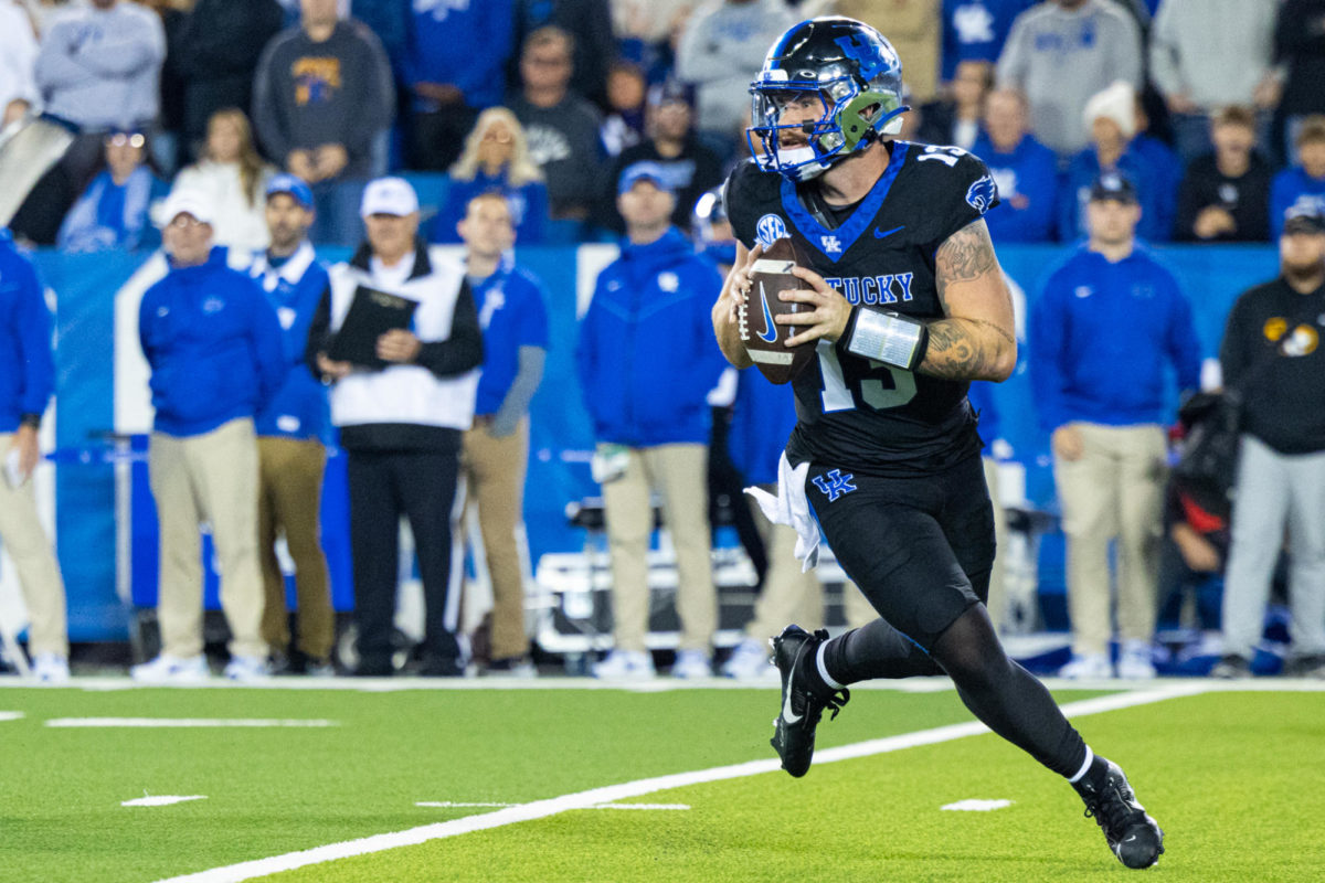 Kentucky quarterback Devin Leary scrambles outside of the pocket during the Kentucky vs. Missouri football game on Saturday, Oct. 14, 2023, at Kroger Field in Lexington, Kentucky. Kentucky lost 38-21. Photo by Isaiah Pinto | Staff