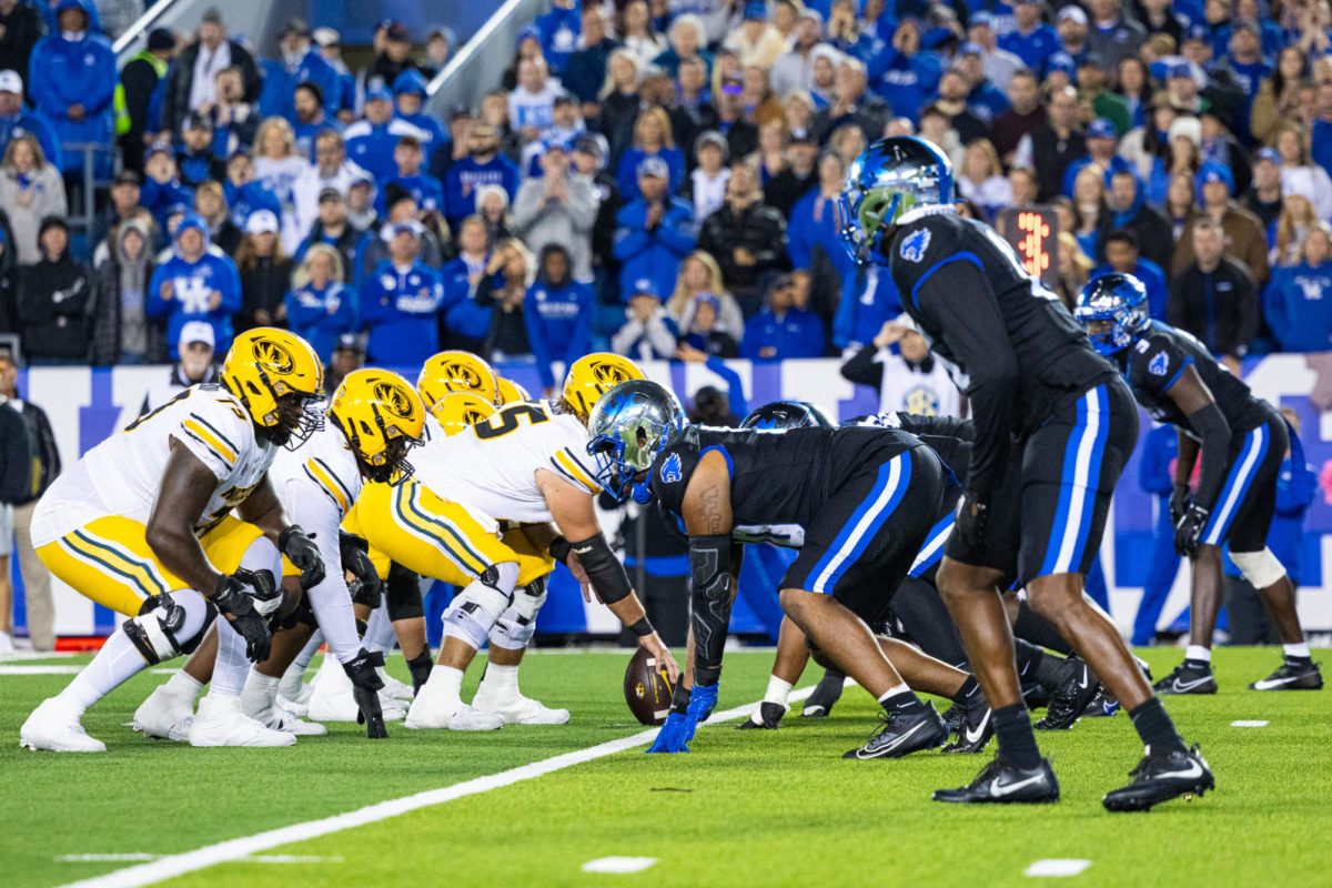 Kentucky Wildcats defenders line up on the line during the Kentucky vs. Missouri football game on Saturday, Oct. 14, 2023, at Kroger Field in Lexington, Kentucky. Photo by Isaiah Pinto | Staff