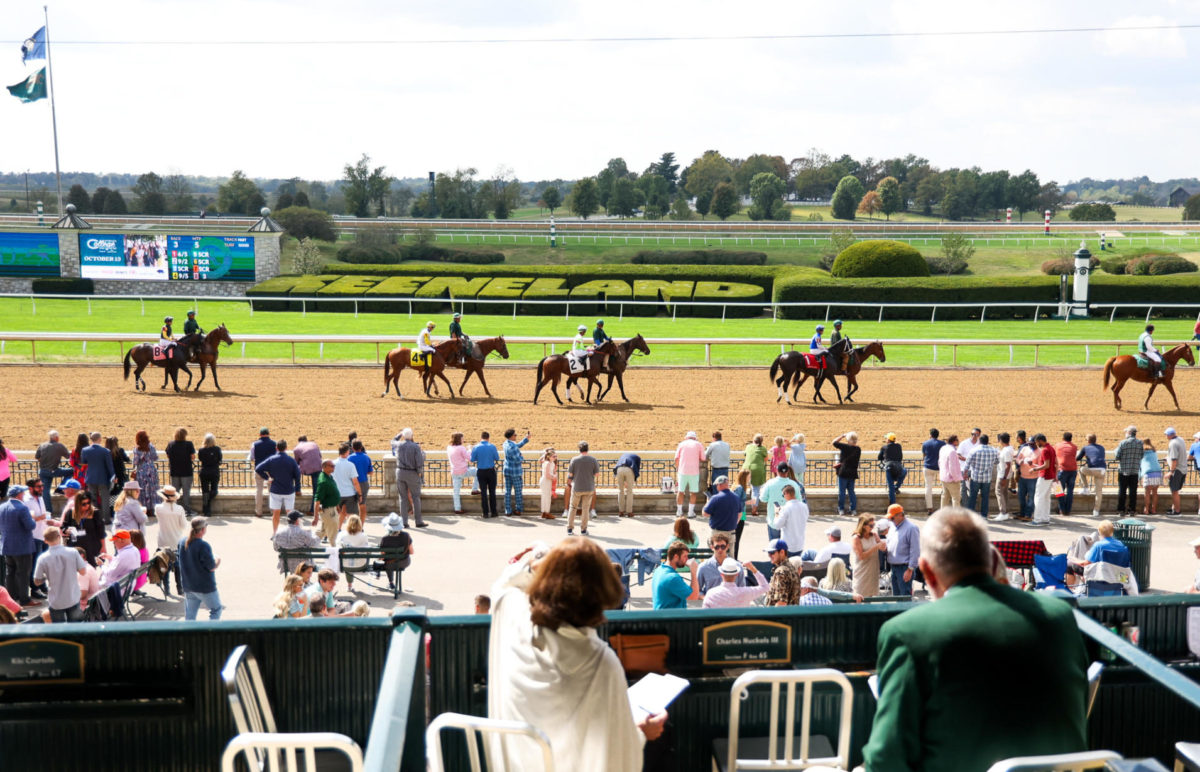 Horses walk the track after the second race on the opening day of the Fall Meet on Friday, Oct. 6, 2023, at Keeneland in Lexington, Kentucky. Photo by Abbey Cutrer | Staff