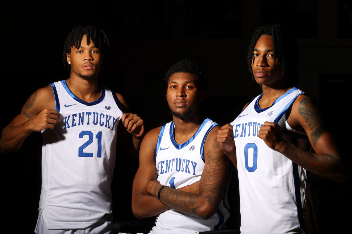 Kentucky men’s basketball freshmen (left to right) D.J. Wagner, Justin Edwards, and Rob Dillingham pose for portraits on Thursday, Oct. 5, 2023, at Joe Craft Center in Lexington, Kentucky. Photo by Abbey Cutrer | Staff