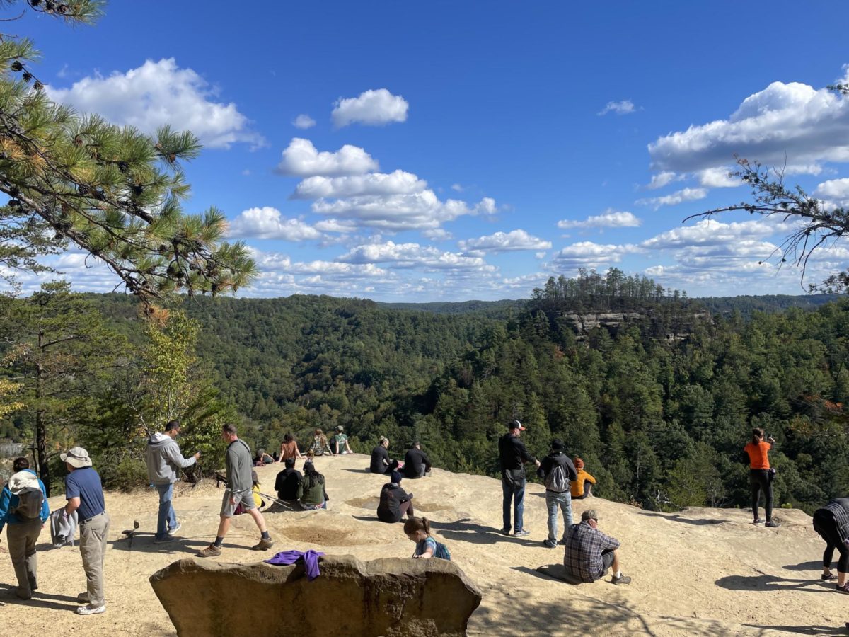 Visitors take photographs and rest at Lookout Point at the Natural Bridge State Resort Park in Slade, Kentucky on Saturday, Oct. 7, 2023. Photo by Gracie Moore