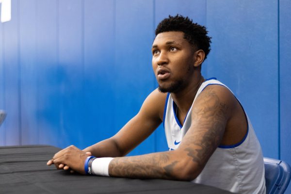 Kentucky freshman guard Justin Edwards speaks to reporters during the mens basketball media day press conference on Wednesday, Oct. 25, 2023, at the Joe Craft Center in Lexington, Kentucky. Photo by Brady Saylor | Staff