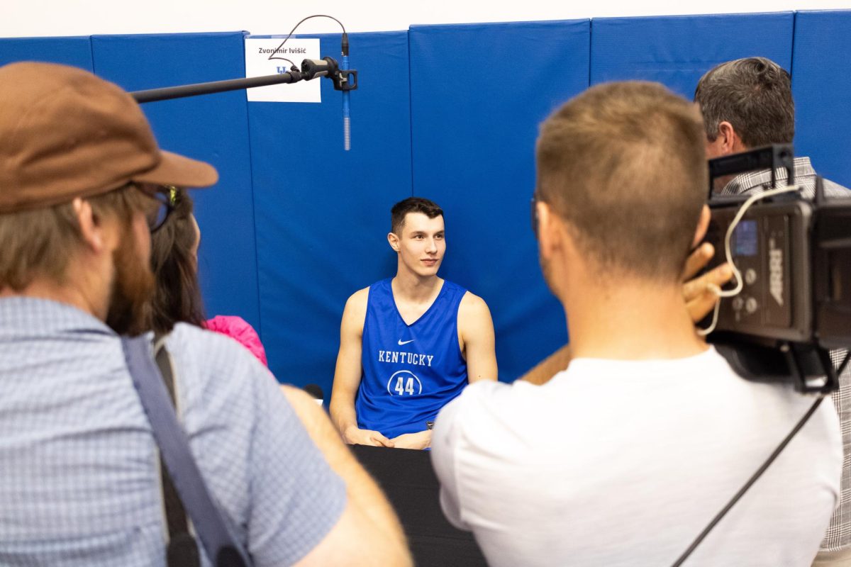 Kentucky freshman forward Zvonimir Ivišić speaks with reporters during the mens basketball media day press conference on Wednesday, Oct. 25, 2023, at the Joe Craft Center in Lexington, Kentucky. Photo by Brady Saylor | Staff