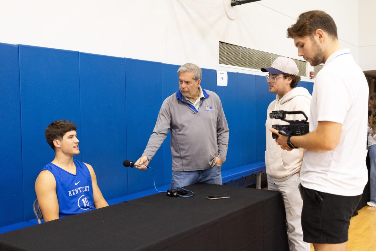 Kentucky freshman guard Reed Sheppard speaks with reporters during the mens basketball media day press conference on Wednesday, Oct. 25, 2023, at the Joe Craft Center in Lexington, Kentucky. Photo by Brady Saylor | Staff