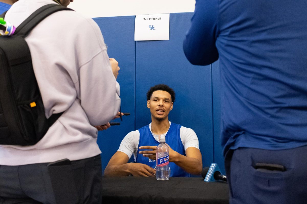 Kentucky forward Tre Mitchell speaks with reporters during the mens basketball media day press conference on Wednesday, Oct. 25, 2023, at the Joe Craft Center in Lexington, Kentucky. Photo by Brady Saylor | Staff