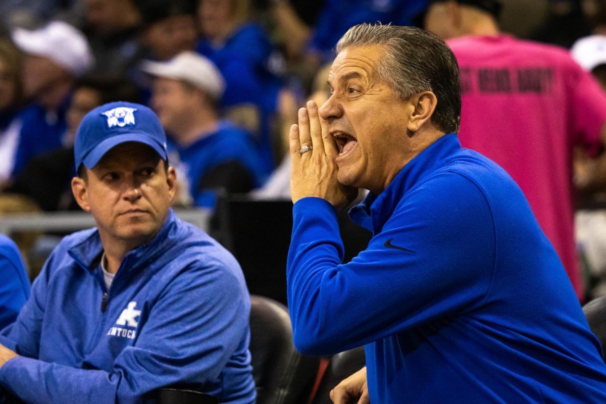 Kentucky coach John Calipari yells during the Kentucky mens basketball Blue-White game on Saturday, Oct. 21, 2023, at Truist Arena in Highland Heights, Kentucky. The Blue team won 100-89. Photo by Samuel Colmar | Staff
